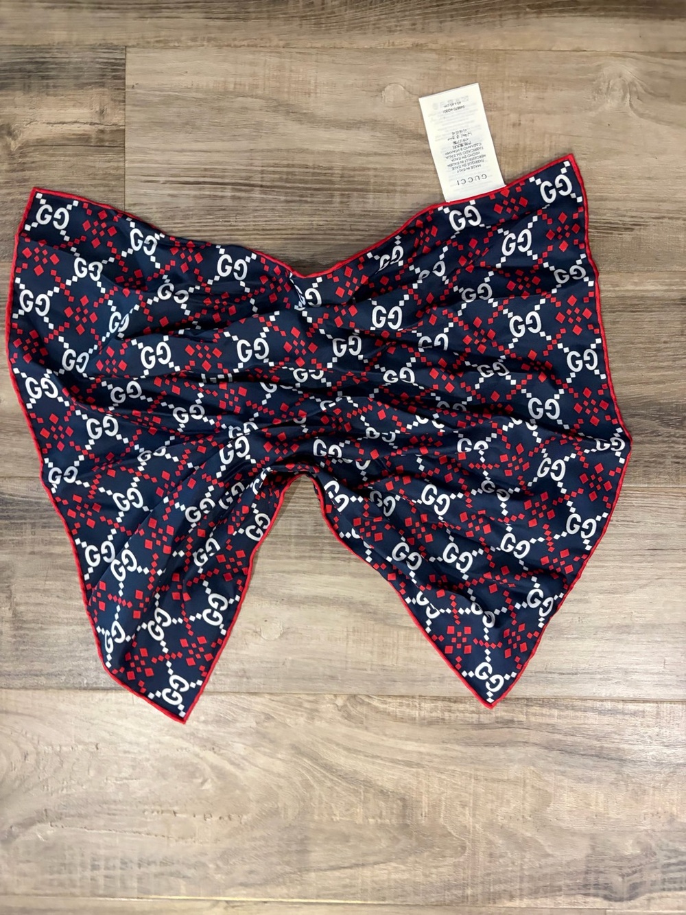 Gucci Navy Red GG Logo Silk Scarf